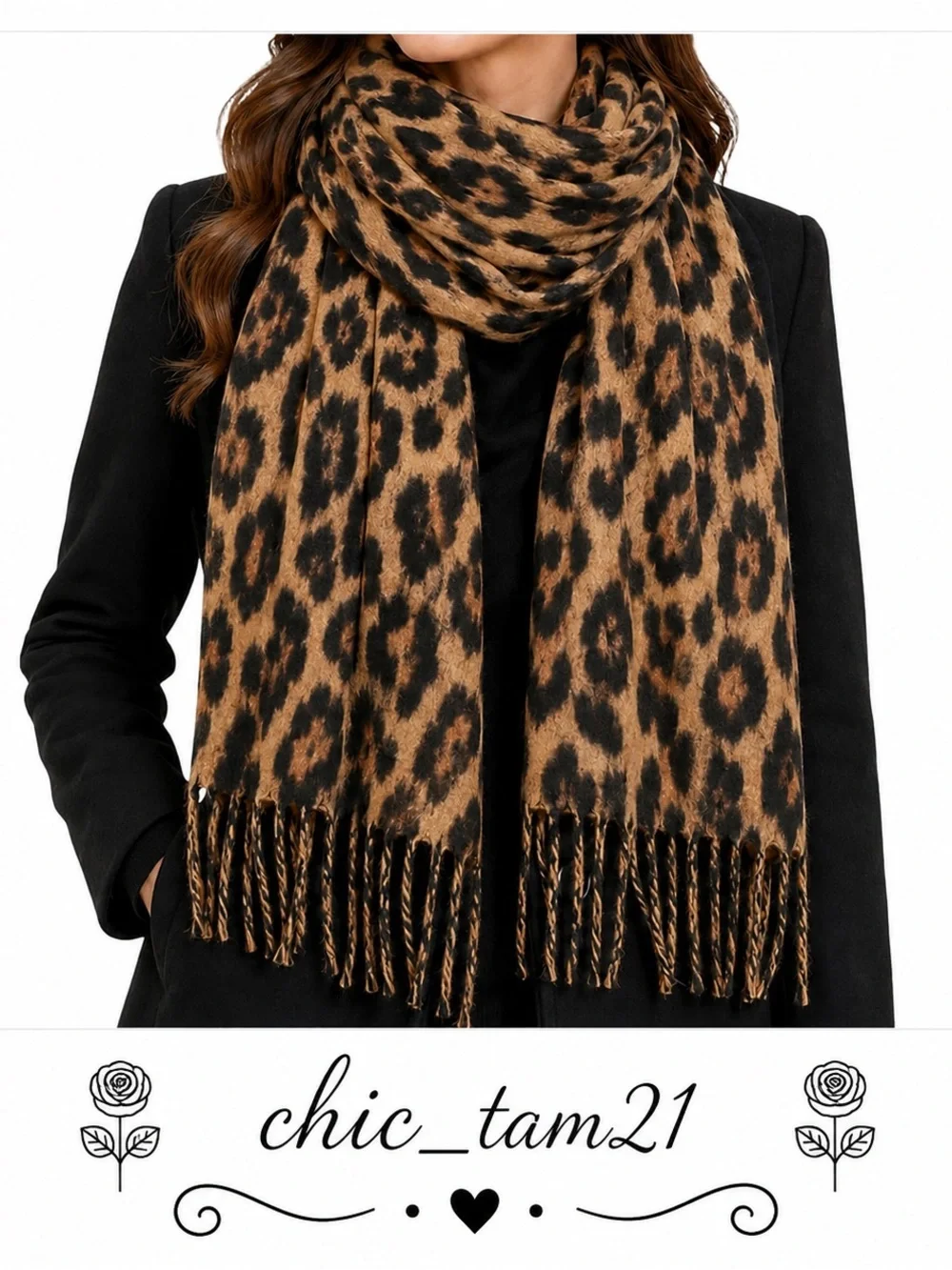 Leopard Print Fringe Scarf - Brown & Black